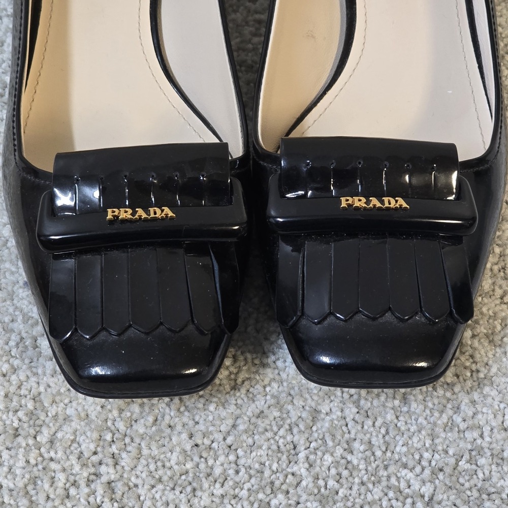 Prada Kiltie Black Patent Leather Block Heel Pumps Women's 41 Square Toe Fringe - Picture 3 of 10